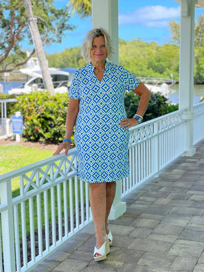 AQUA DIAMONDS SHORT SLEEVE DRESS