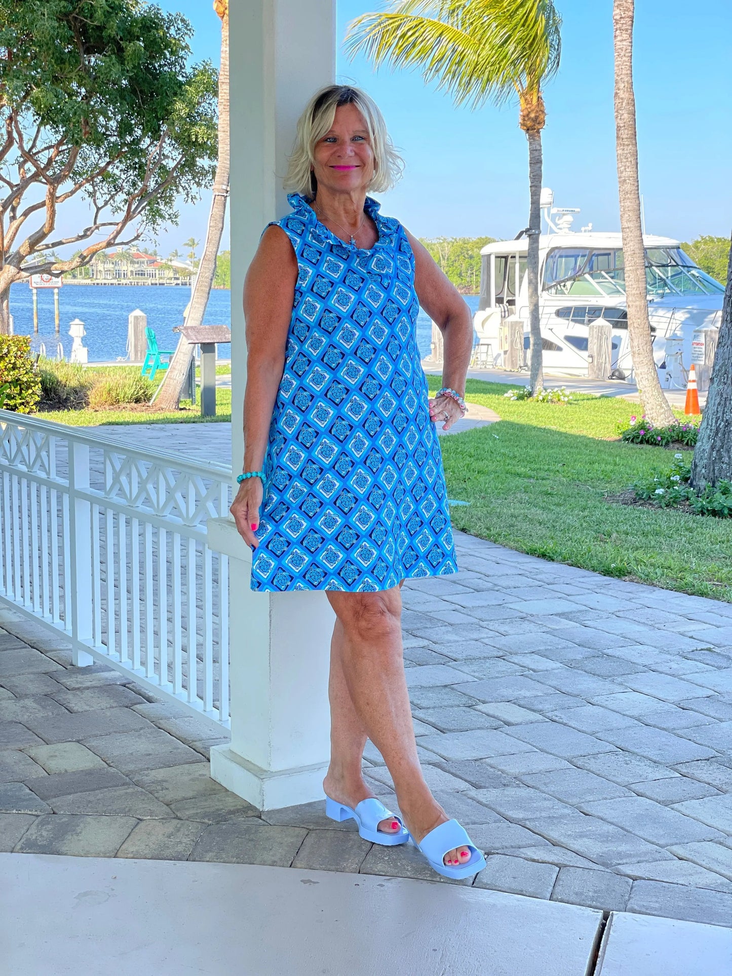 BAHAMA BLUE TURTLE RUFFLE DRESS