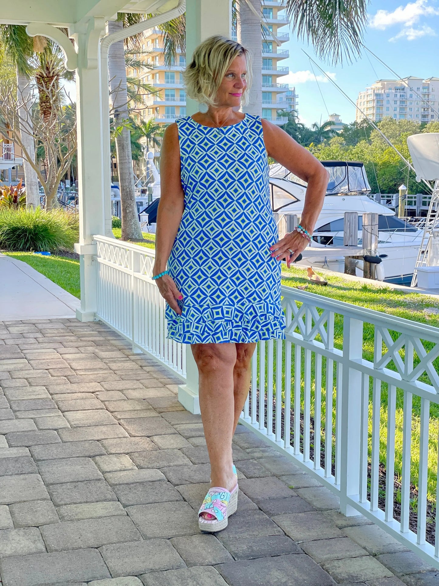 AQUA DIAMONDS SHIFT RUFFLE DRESS