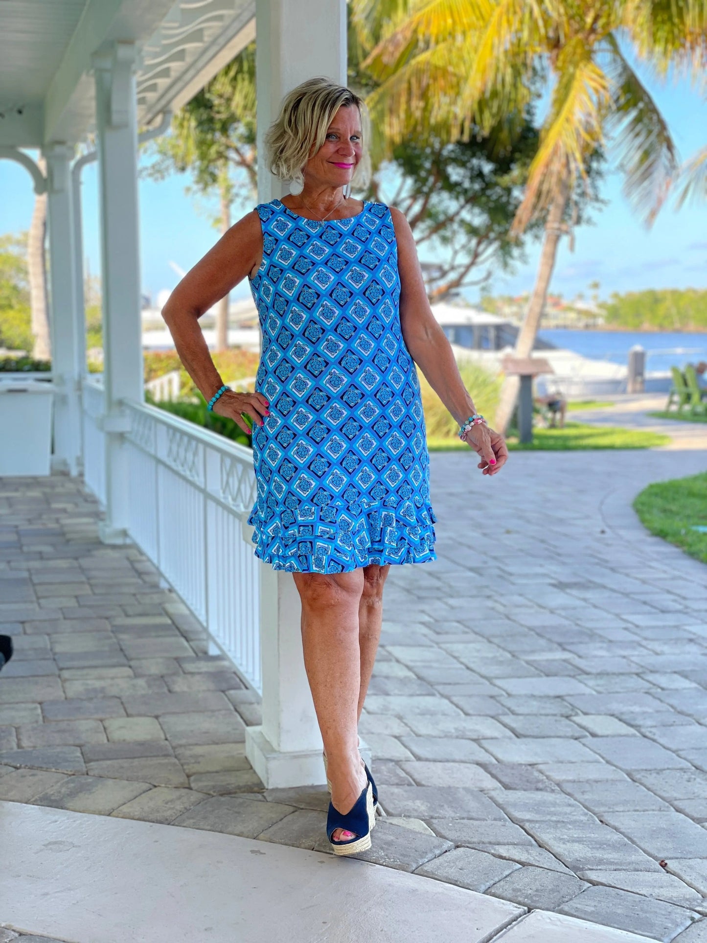 BAHAMA BLUE SHIFT RUFFLE DRESS