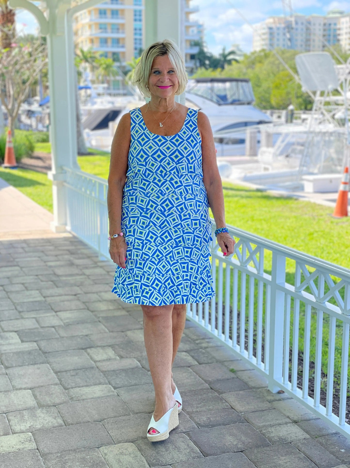 AQUA DIAMONDS LAYERED RUFFLE DRESS