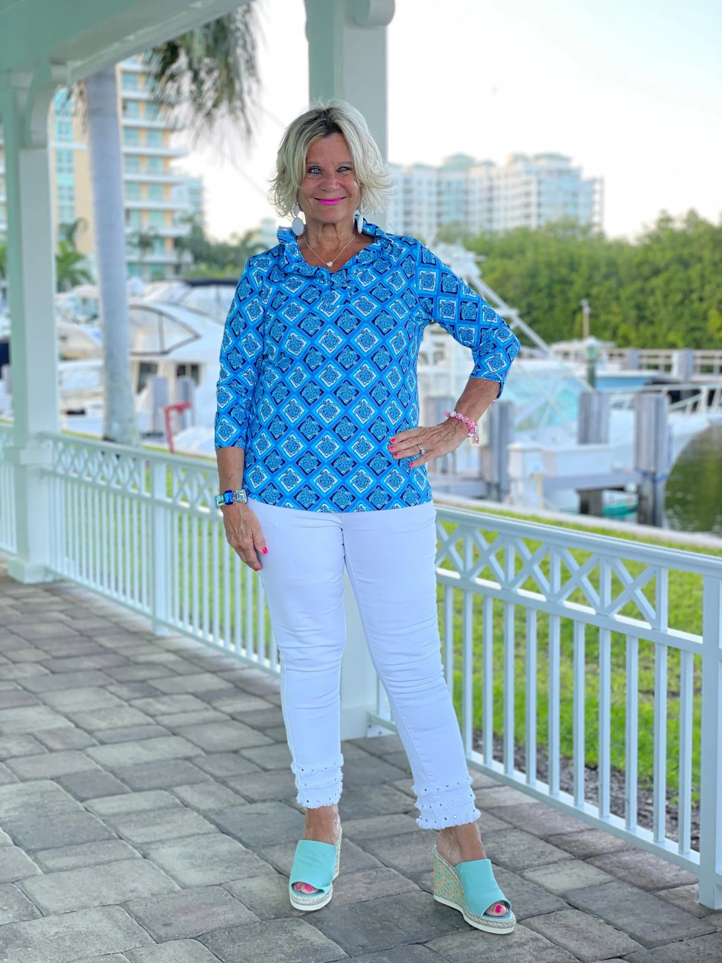 BAHAMA BLUE RUFFLE TOP