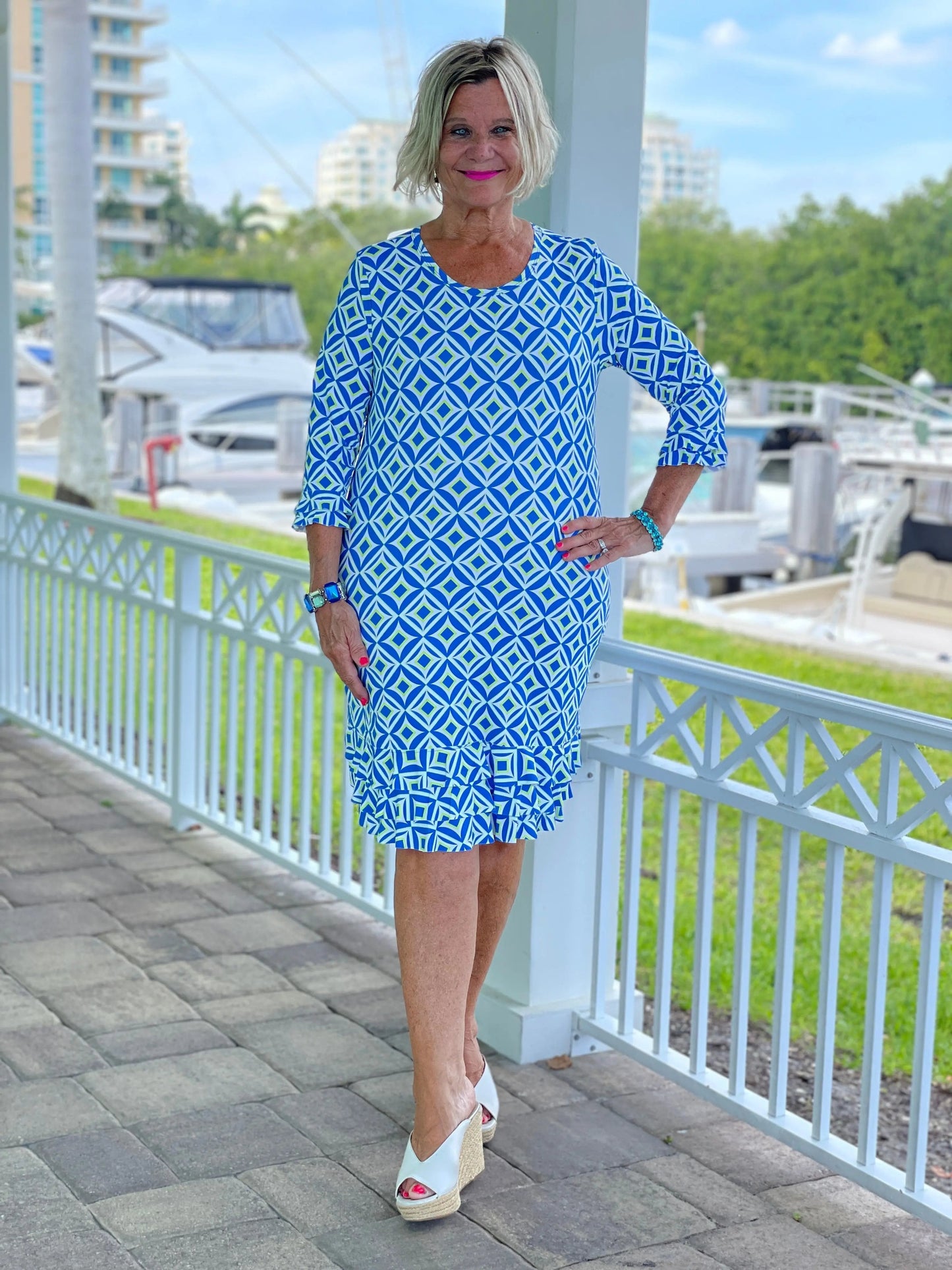AQUA DIAMOND RUFFLE SLEEVE DRESS