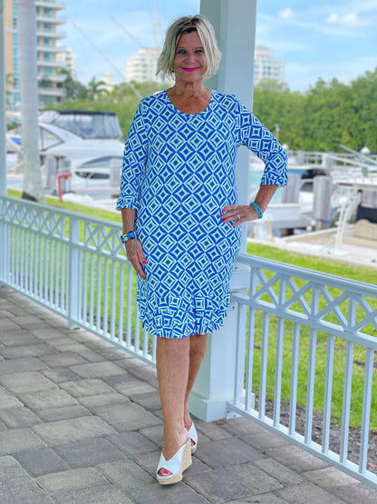 AQUA DIAMOND RUFFLE SLEEVE DRESS