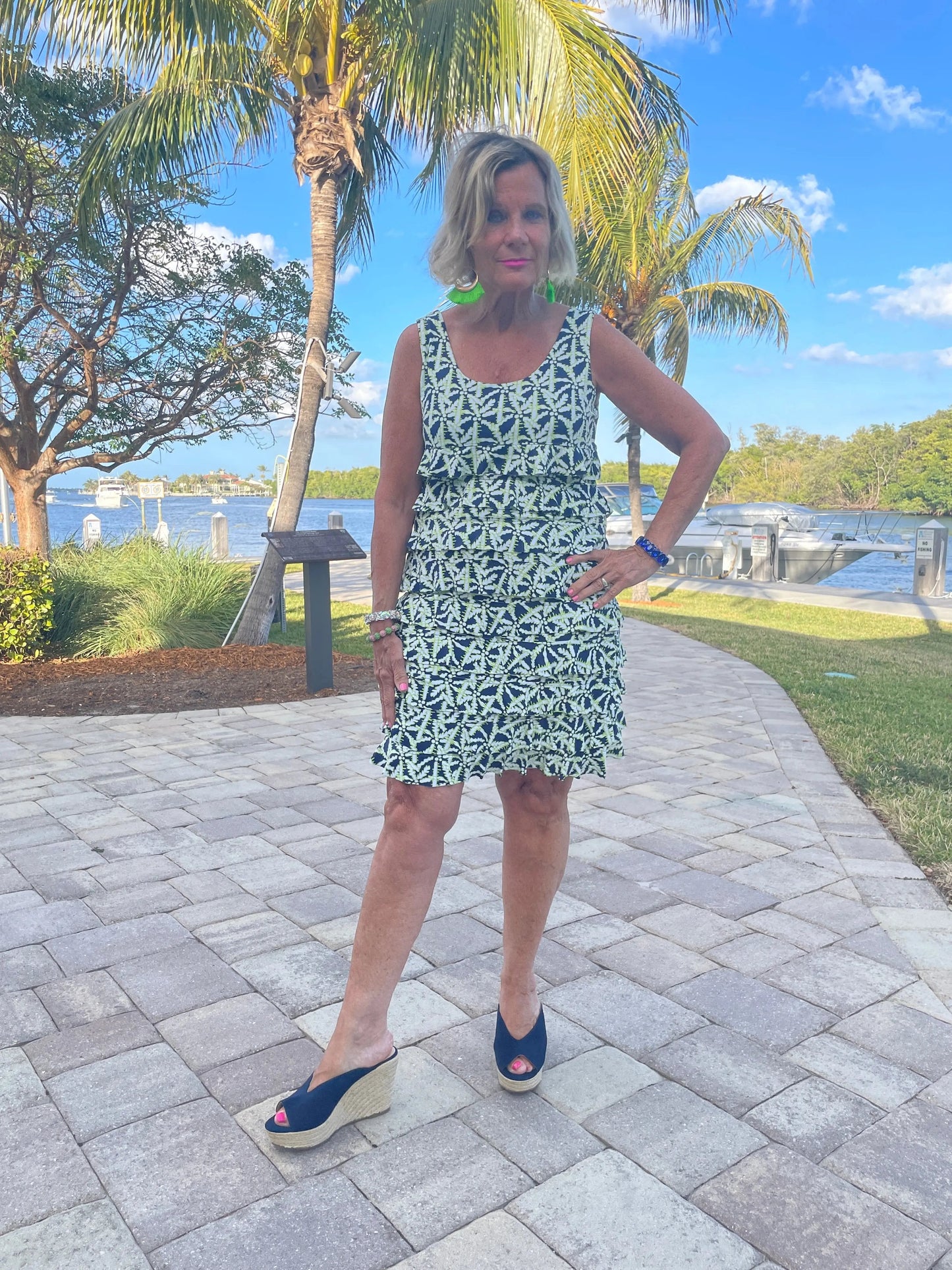 GREEN AND NAVY PALM LAYERED RUFFLE DRESS