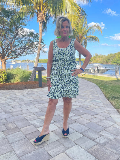 GREEN AND NAVY PALM LAYERED RUFFLE DRESS
