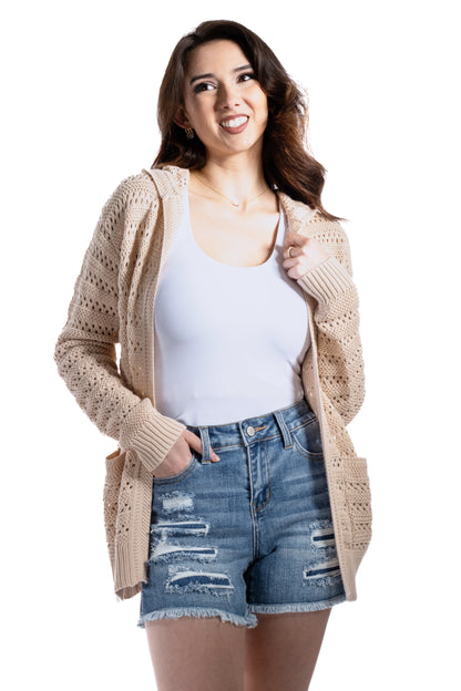 Women's Crochet Knit Sweater Hooded Cardigan