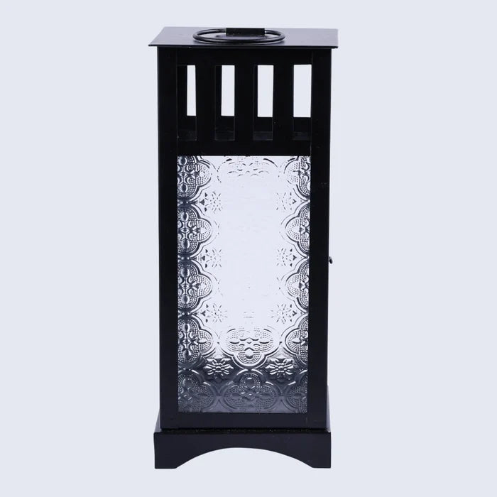 Handmade Metal embossed glass vintage lantern matte black, for candle or LED lighting