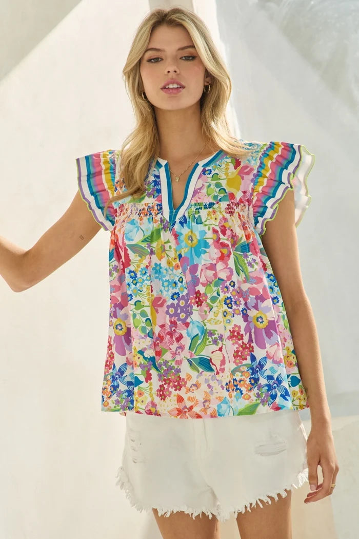 Multicolor Floral Flutter Sleeve Top IT17805