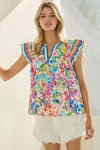Multicolor Floral Flutter Sleeve Top IT17805