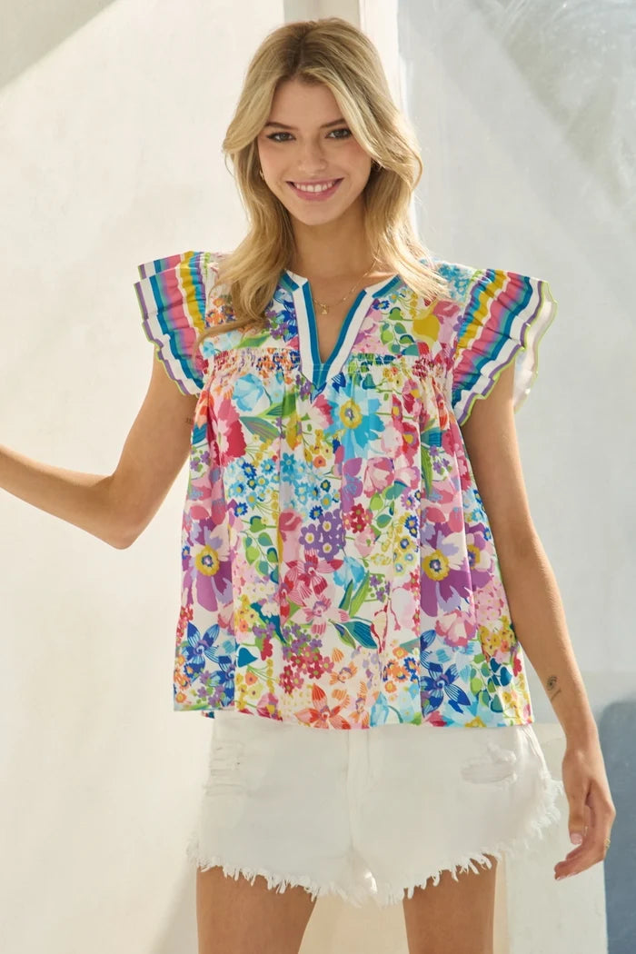 Multicolor Floral Flutter Sleeve Top IT17805