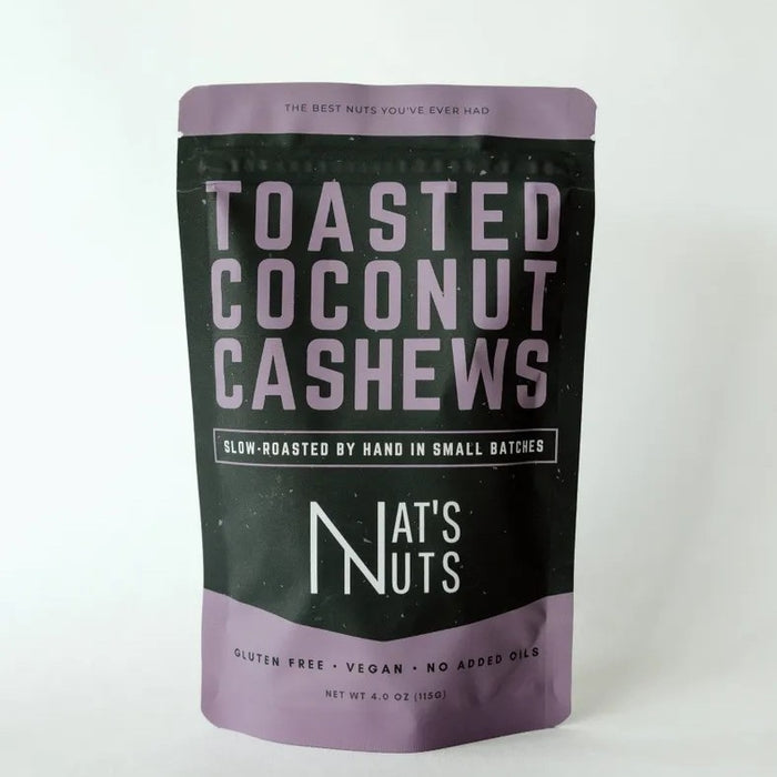 Nats Nuts | Toasted Coconut Cashews. Slow roasted by hand in small batches. Gluten free, vegan, no added oils.