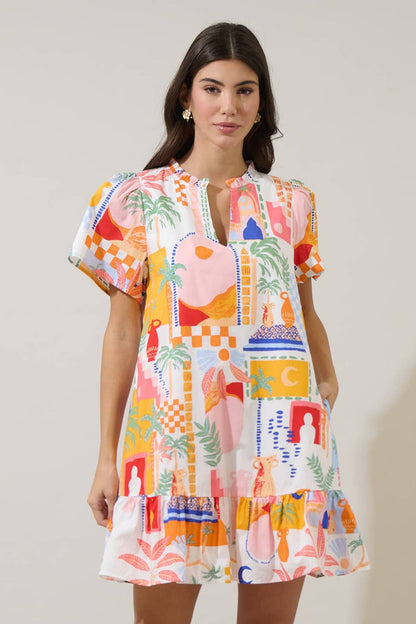 Petrolia Town Celeste Mini Dress Orange, Pink & White