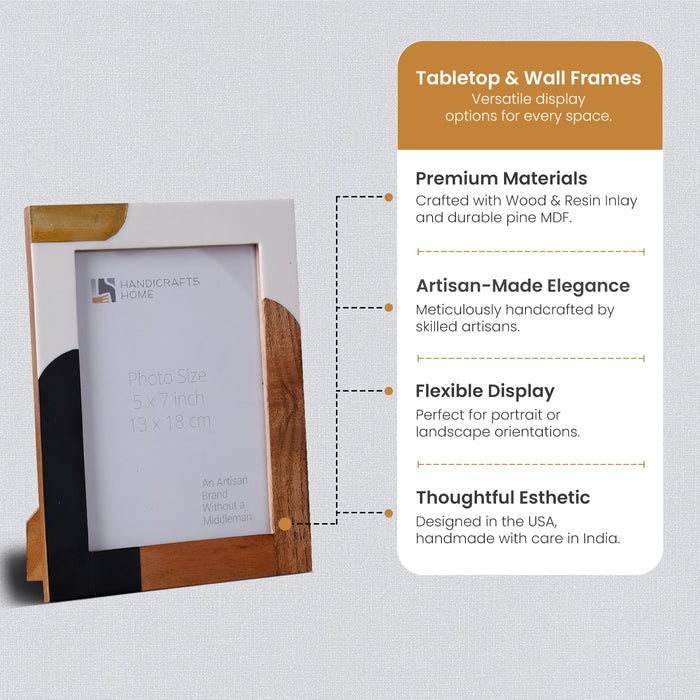 Handmade Picture Frame Abstract Block Collection Resin, Wood & Brass – 4x6 & 5x7", for tabletop or wall display