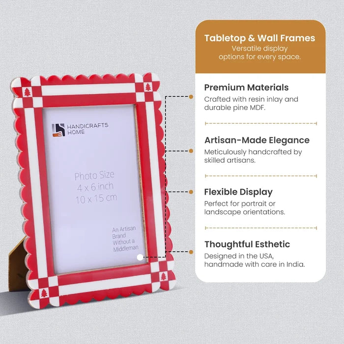 Handmade Picture Frame Chalet Verde Rusch Collection Resin Inlay Red & White – 4x6 & 5x7", for tabletop or wall display