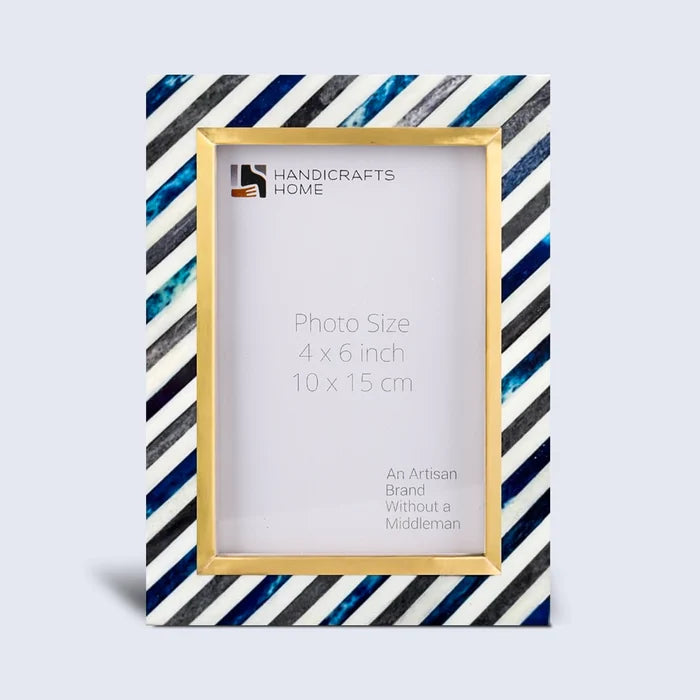 Handmade Picture Frame Diagonal Stripe Collection Bone Inlay, Brass & Wood Blue – 4x6 & 5x7", for tabletop or wall display