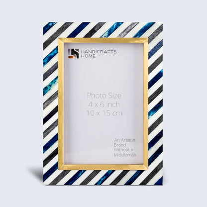 Handmade Picture Frame Diagonal Stripe Collection Bone Inlay, Brass & Wood Blue – 4x6 & 5x7", for tabletop or wall display