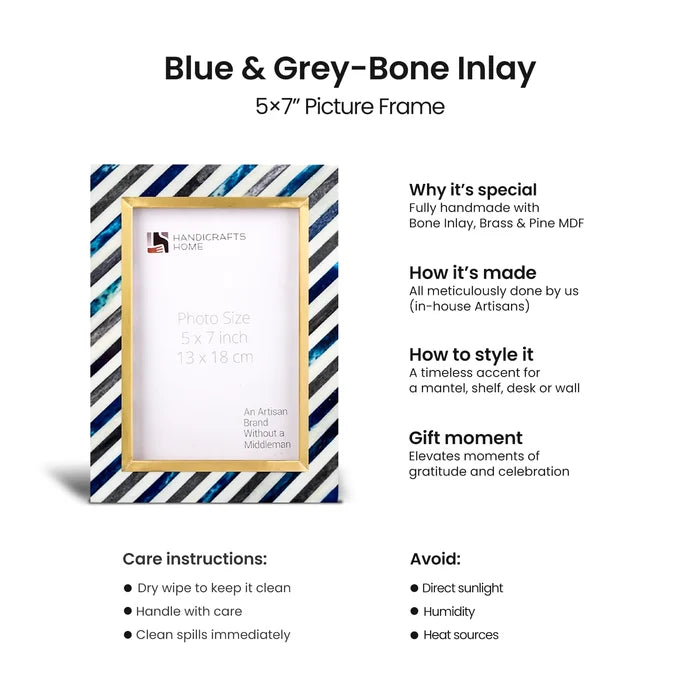 Handmade Picture Frame Diagonal Stripe Collection Bone Inlay, Brass & Wood Blue – 4x6 & 5x7", for tabletop or wall display