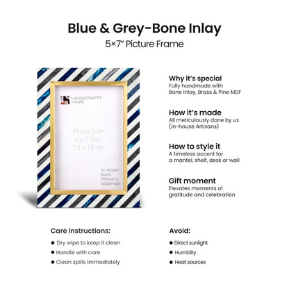 Handmade Picture Frame Diagonal Stripe Collection Bone Inlay, Brass & Wood Blue – 4x6 & 5x7", for tabletop or wall display