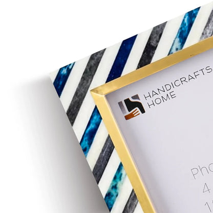 Picture Frame Diagonal Stripe Collection Bone Inlay, Brass & Wood Blue – 4x6 & 5x7"