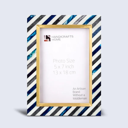 Picture Frame Diagonal Stripe Collection Bone Inlay, Brass & Wood Blue – 4x6 & 5x7"