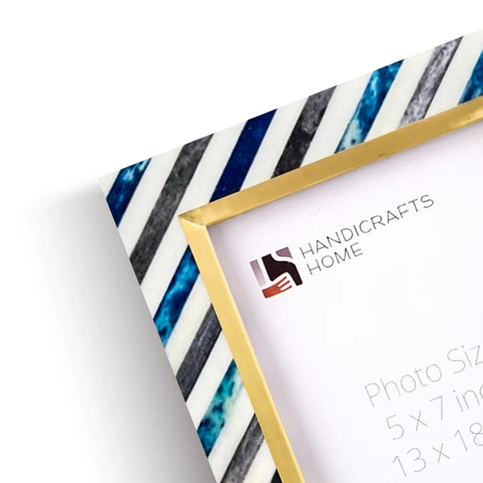 Picture Frame Diagonal Stripe Collection Bone Inlay, Brass & Wood Blue – 4x6 & 5x7"