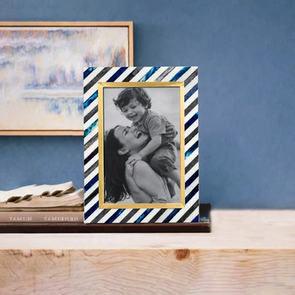 Picture Frame Diagonal Stripe Collection Bone Inlay, Brass & Wood Blue – 4x6 & 5x7"
