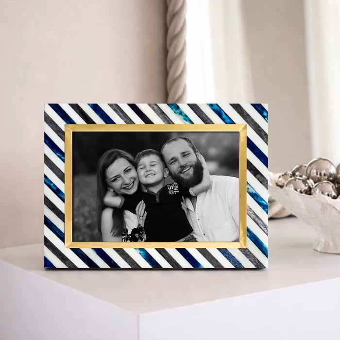 Picture Frame Diagonal Stripe Collection Bone Inlay, Brass & Wood Blue – 4x6 & 5x7"