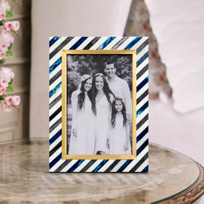 Picture Frame Diagonal Stripe Collection Bone Inlay, Brass & Wood Blue – 4x6 & 5x7"