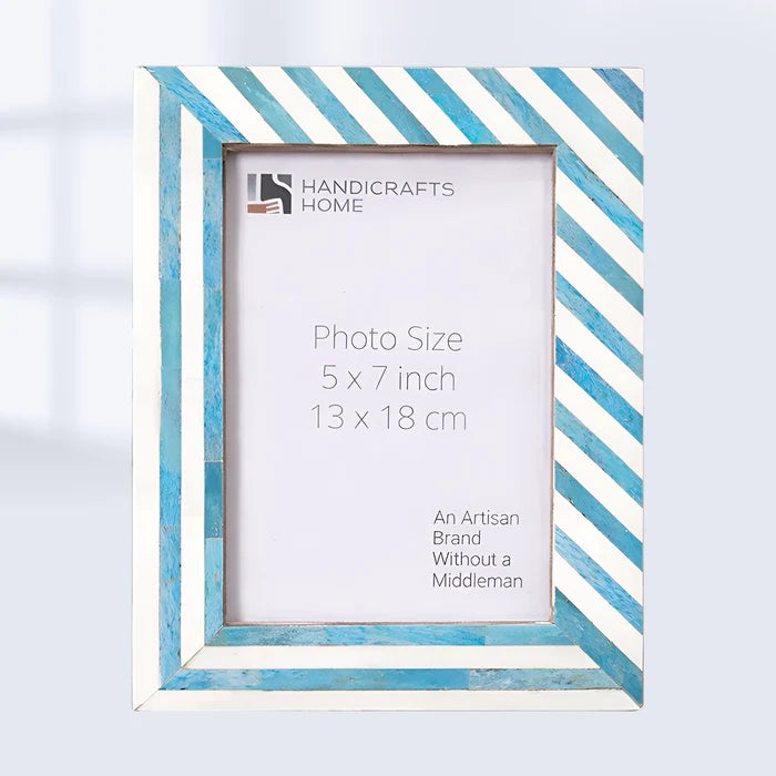 Handmade Picture Frame Diagonal Striped Collection Bone Inlay Turquoise – 4x6 & 5x7", for tabletop or wall display