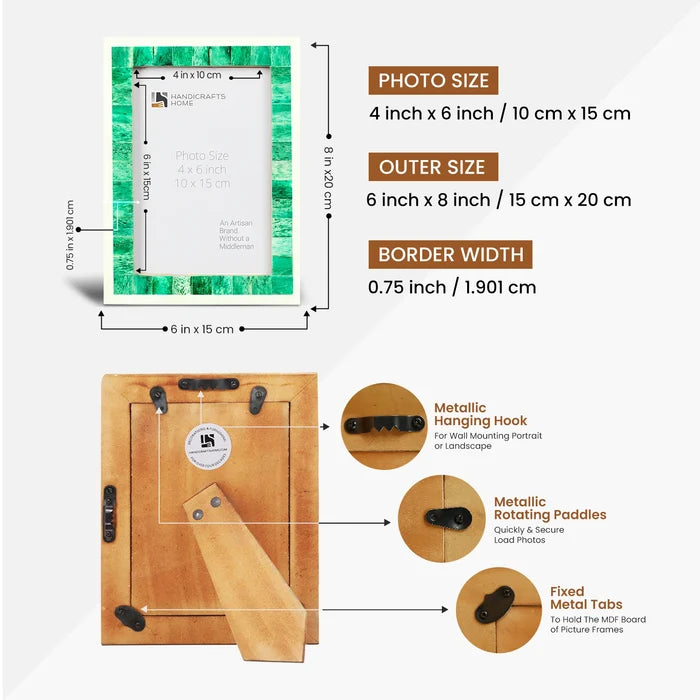 Handmade Picture Frame Mosaic Collection Bone Inlay Green & White – 3 sizes, for tabletop or wall display