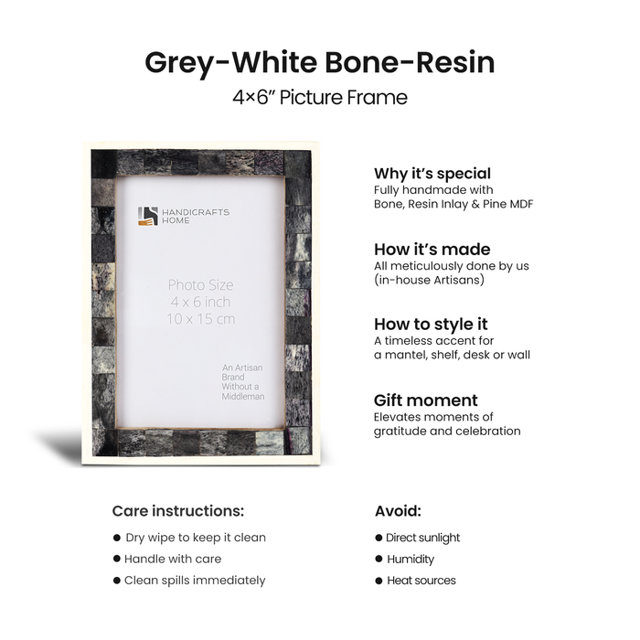 Handmade Picture Frame Mosaic Collection Bone Inlay Grey & White – 3 sizes, for tabletop or wall display