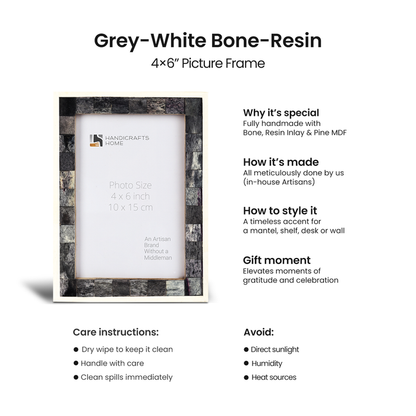 Handmade Picture Frame Mosaic Collection Bone Inlay Grey & White – 3 sizes, for tabletop or wall display
