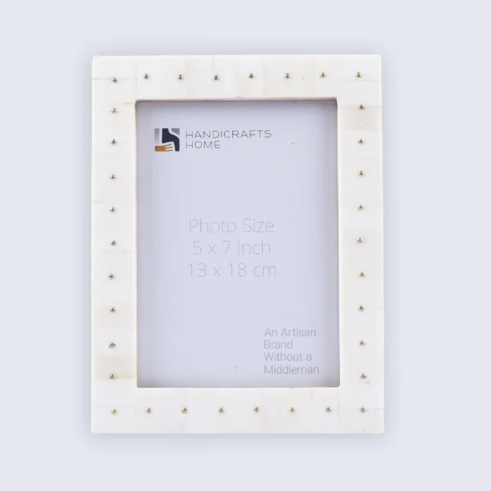 Handmade Picture Frame Noor Stud Pattern Collection Bone & Brass Inlay White & Gold – 4x6 & 5x7"