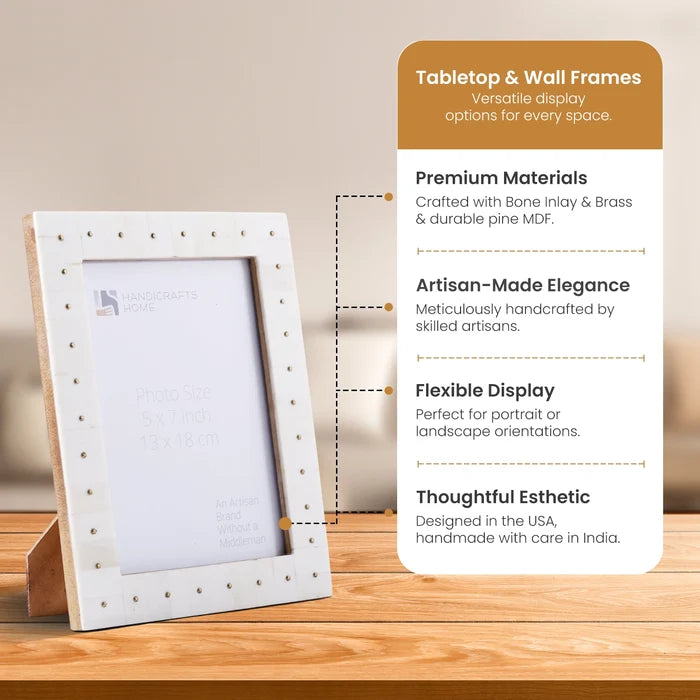 Handmade Picture Frame Noor Stud Pattern Collection Bone & Brass Inlay White & Gold – 4x6 & 5x7"