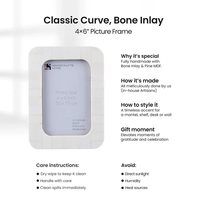 Handmade Picture Frames Classic Curve Bone Inlay Collection White-4x6, 5x7", for tabletop or wall display