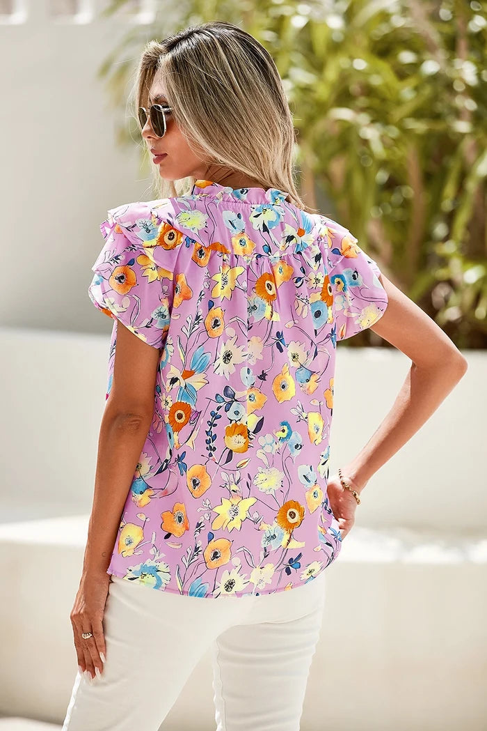 Pink Floral Flutter Sleeve V-Neck Shirt 131619