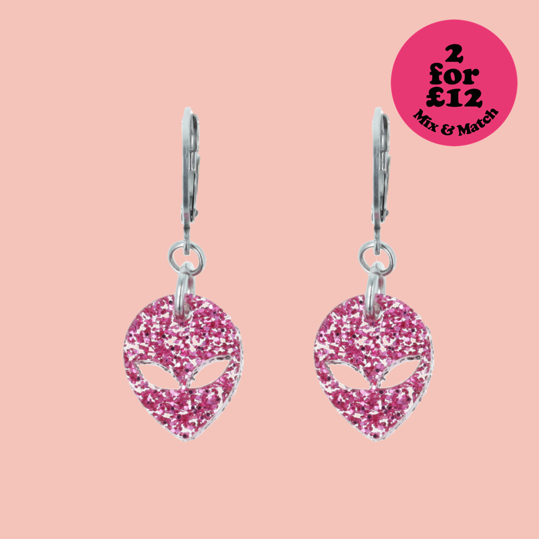 Pink Glitter Alien Hoop Earrings