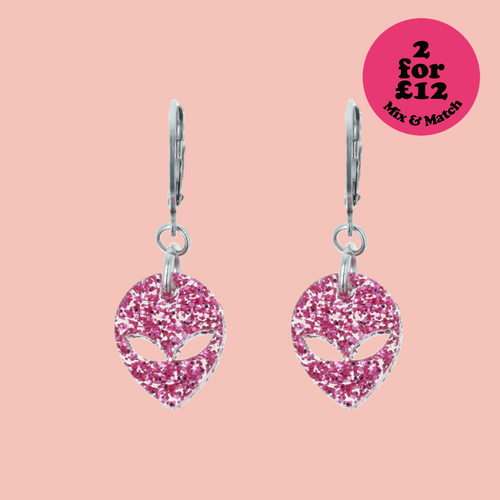Pink Glitter Alien Hoop Earrings