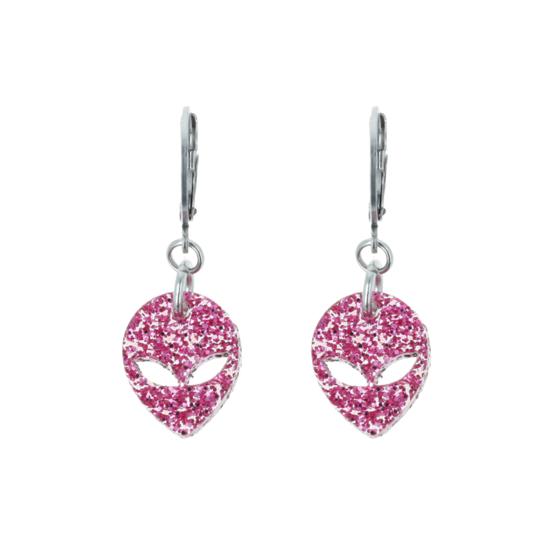 Pink Glitter Alien Hoop Earrings