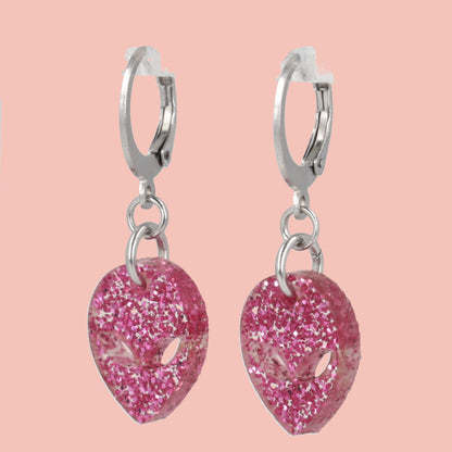 Pink Glitter Alien Hoop Earrings