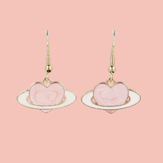 Pink Heart Planet Drop Earrings