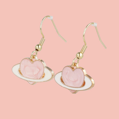 Pink Heart Planet Drop Earrings