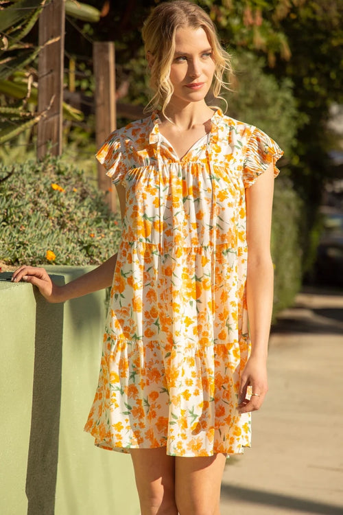 Pleated Tiered Orange Floral Dress 32442