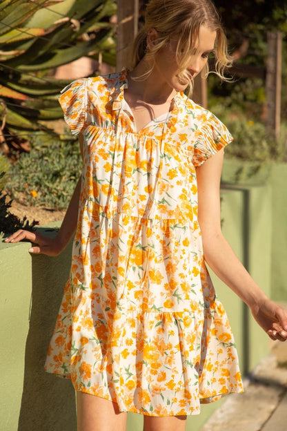Pleated Tiered Orange Floral Dress 32442