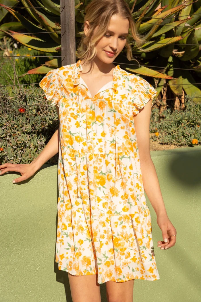 Pleated Tiered Orange Floral Dress 32442