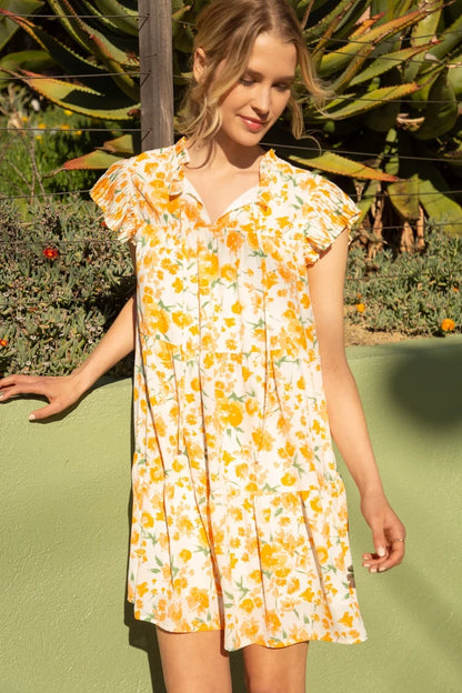 Pleated Tiered Orange Floral Dress 32442
