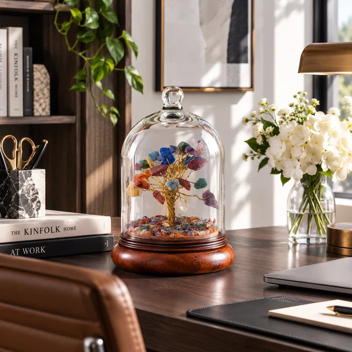Rainbow Gemstone Tree with Glass Cloche | Handcrafted Decor