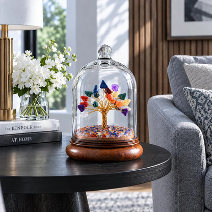 Rainbow Gemstone Tree with Glass Cloche | Handcrafted Decor
