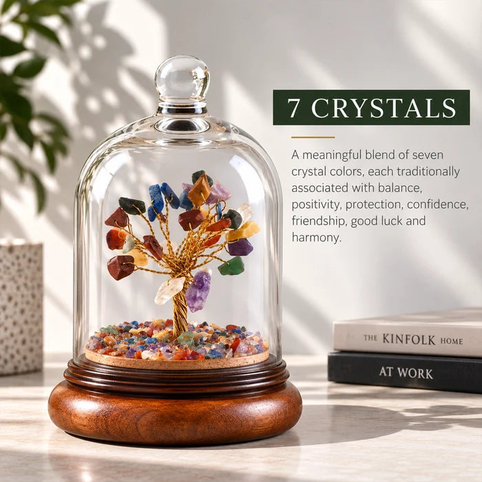 Rainbow Gemstone Tree with Glass Cloche | Handcrafted Decor